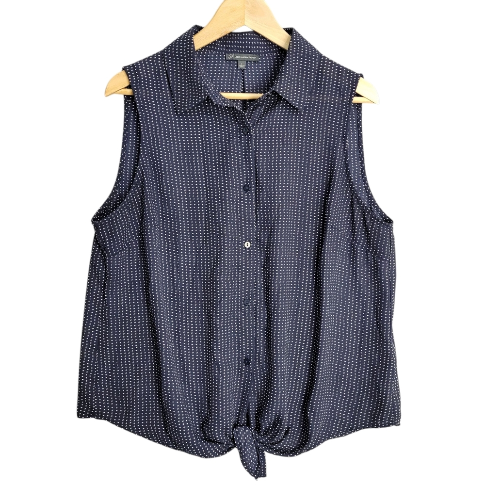 Adrianna Papell Blouse Womens Large Navy Blue Polka Dot Sleeveless Button Front